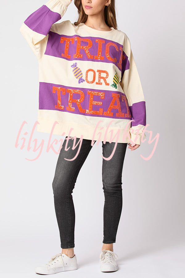 Halloween Letter Sequined Color Block Loose Casual Sweatshirt