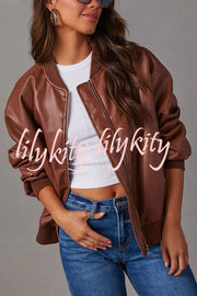 Solid Color Long Sleeve Loose Pocket Leather Jacket