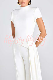Pippa High Neck Short Sleeve Irregular Drape Hem Top and Elastic Waist Flare Pants Set