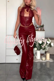 Style Challenge Stretch Faux Leather Lace Halter Tank and Zipper Waist Flare Pants Set