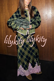 Holiday Plaid Knit Color-blocked Trim Button Long-sleeved Loose Cardigan