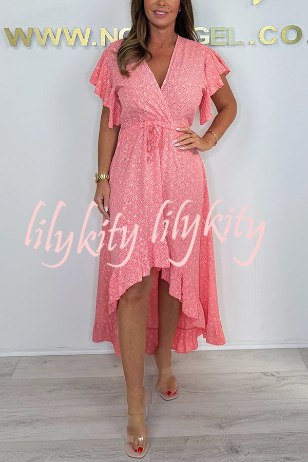 Resort Style V-neck Ruffle Sleeves Waist Tie Irregular Midi Dress