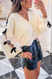 Fashionable V-neck Long-sleeved Bow-knotted Knitted Cardigan