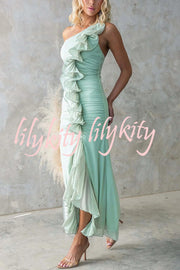Fashion One-shoulder Pleated Sexy High Slit Slim Dress