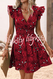 Wonderful Weekend Floral Print Ruffle Sleeve Elastic Waist Mini Dress