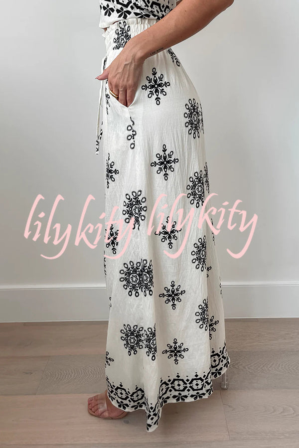 Unique Printed Round Neck Sleeveless Button Top and Elastic Waist Pocket Wide Leg Pants Set