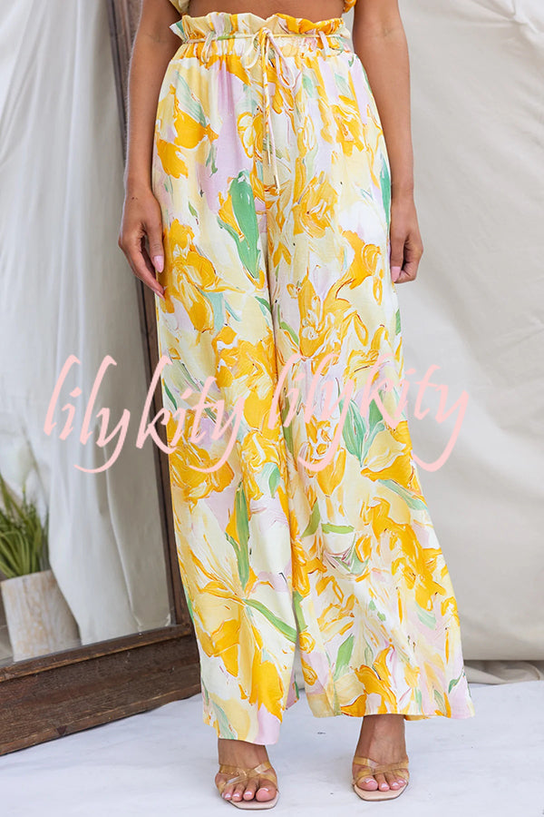 Soleila Floral Print One Shoulder Tie-up Crop Top and Elastic Waist Pocket Loose Pants Set