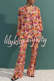 Full of Energy Flower Print Lapel Blazer and Elastic Waist Pocket Pleated Side Hem Pants Set