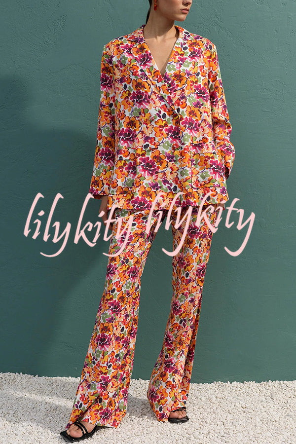 Full of Energy Flower Print Lapel Blazer and Elastic Waist Pocket Pleated Side Hem Pants Set