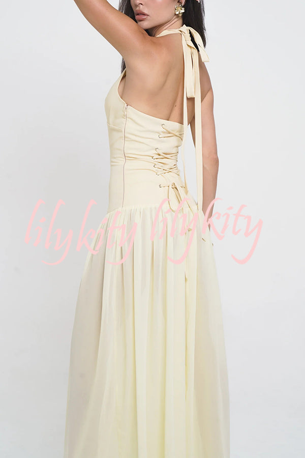 Giselle Gold Starfish Hardware Halter Back Lace-up Tulle Maxi Dress