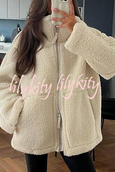 Solid Color Stitching High Collar Long Sleeve Loose Pocket Woolen Coat