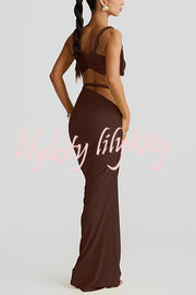 Sexy Halter Back Braided Suspender Top and Beach Holiday Style Hip-wrapped Maxi Skirt Set