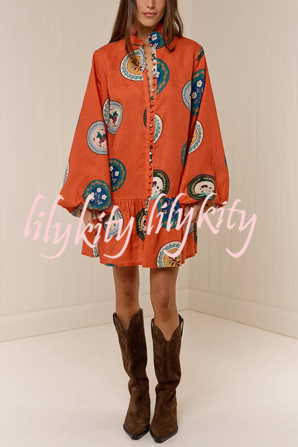 Linen Blend Unique Print Tie Waist Loose Mini Dress