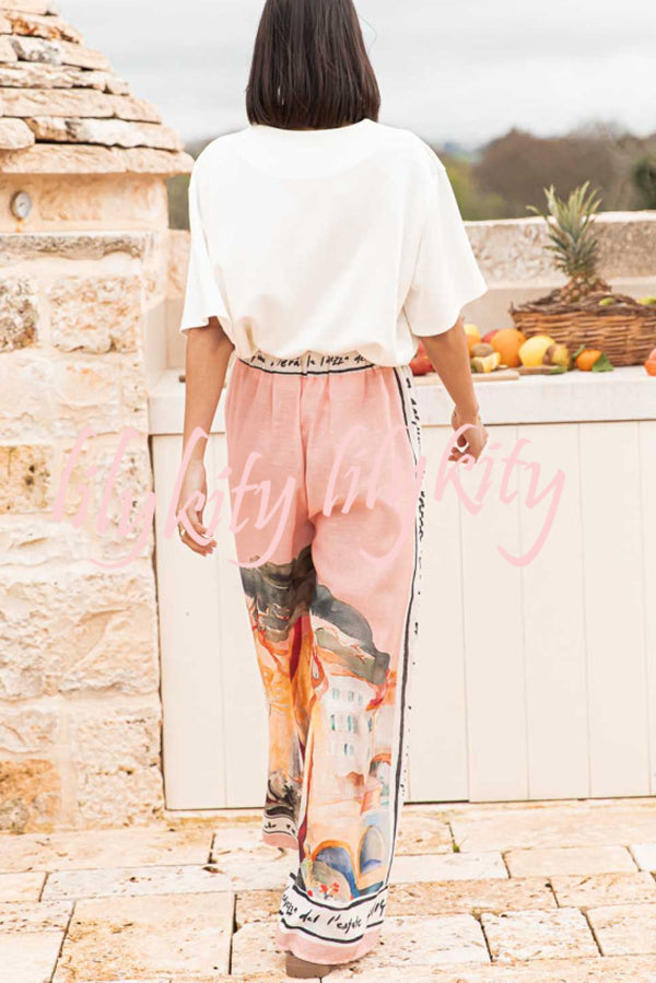 Unique Printed Elastic Waist Vacation Casual Wide Leg Pants