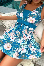 Cheerful Floral Print Bow Detail Tankini Swimsuit Set