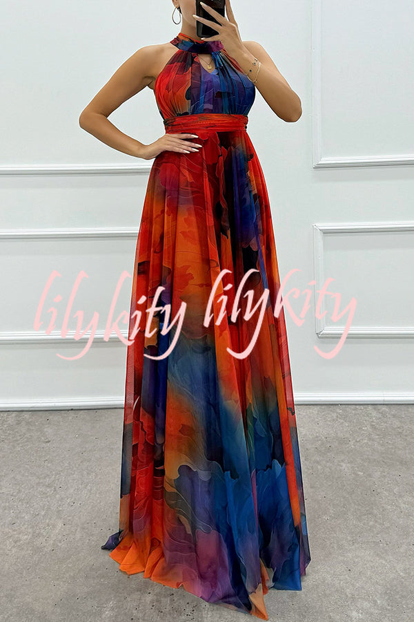 Elaine Tulle Floral Splash Print Cutout Halter Tie-up Neck Gown Maxi Dress