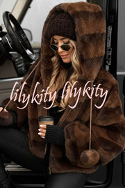 Winter Latte Gradient Print Ribbed Balloon Sleeve Hooded Loose Plush Coat