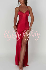 Satin Solid Color Sexy Backless Lace Up High Slit Maxi Dress