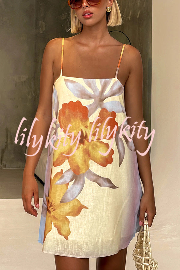 Summer Surprise Linen Blend Floral Print Slip H-line Mini Dress