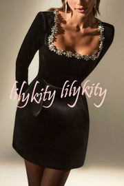 Endless Celebration Velvet Jewel Embellished Trim Long Sleeve Pocketed Mini Dress