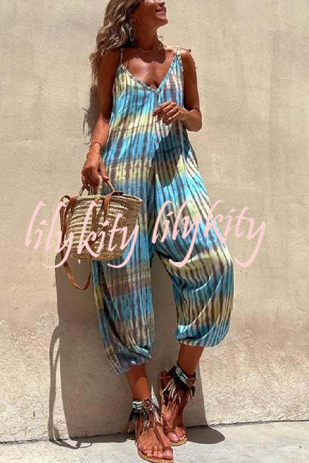 Brighton Beach Tie-dye Print Shoulder Tie Pocketed Loose Jumpsuit