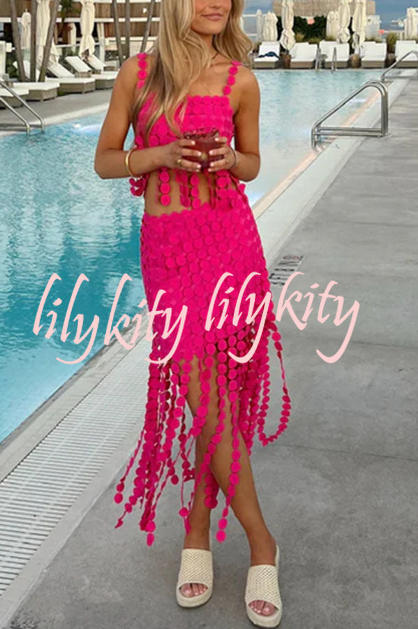 Caitlin See Through Circle Embroidery Square Neck Tassle Hem Slip Tank