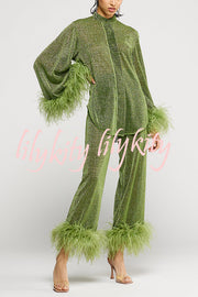 Glitter Fabric Feather Trim Long Sleeve Button Top and Elastic Waist Loose Straight Pants Set