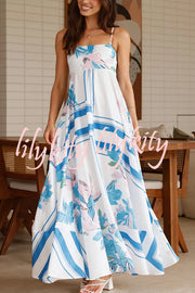 Botanical Print Halter Square Neck Pleated Loose Maxi Dress