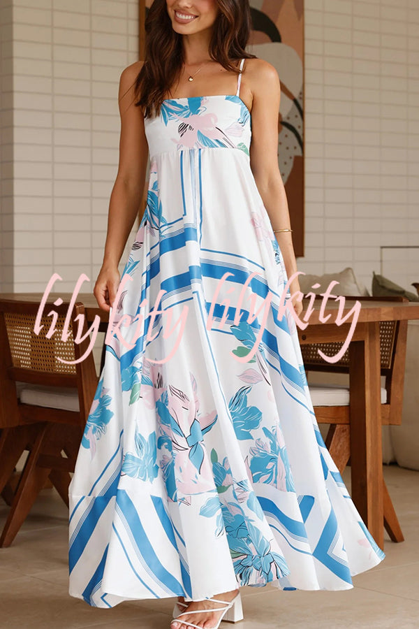 Botanical Print Halter Square Neck Pleated Loose Maxi Dress