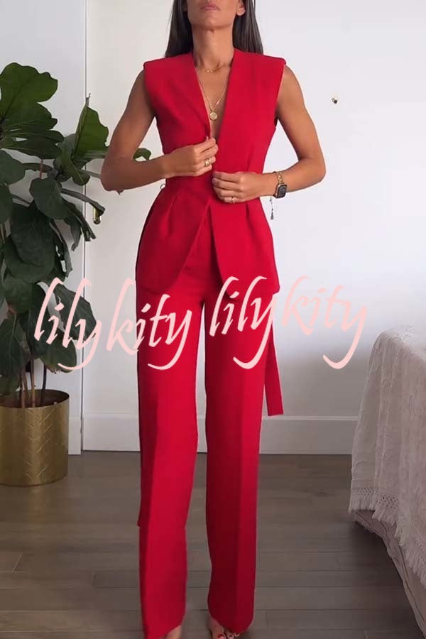 Keep It Classic V-neck Belted Vest and Mid Rise Pocket Wide Leg Pants Set
