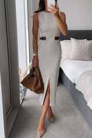 Workwear Day Contrast Color Belt Buckle Detail Slit Pencil Midi Dress