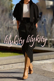 Work Style Lapel Long Sleeve Jacket and Button Belt Pocketed Slit Midi Skirt Set