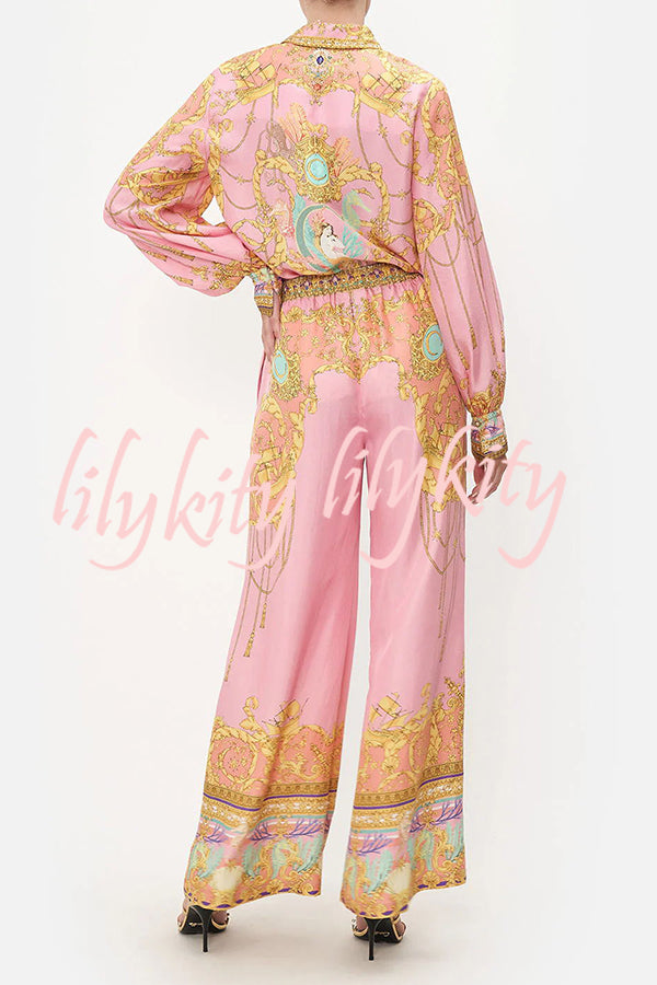 Mermaid Motel Unique Print Long Sleeve Loose Shirt and Elastic Waist Pants Set