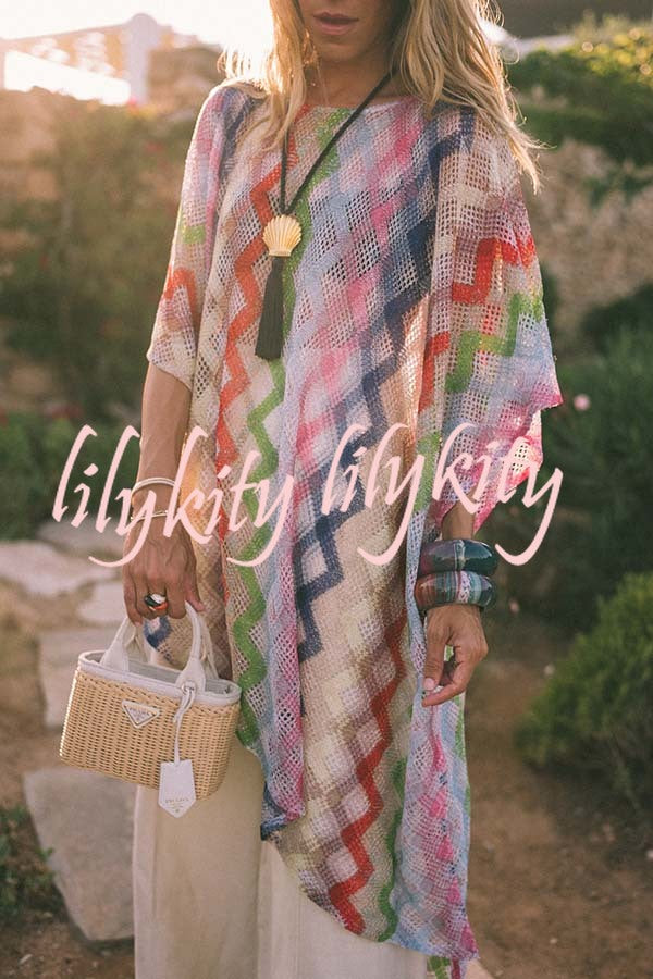 Sun Washed Knit Colorful Zigzag Pattern Asymmetric Hem Loose Cover-ups Kaftan