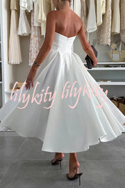Sweet Cascade Solid Color Off Shoulder Pocket Full Hem Midi Dress