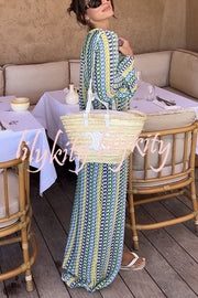 Bondi Beach Knit Colorful Wave Print Long Sleeve Vacation Maxi Dress