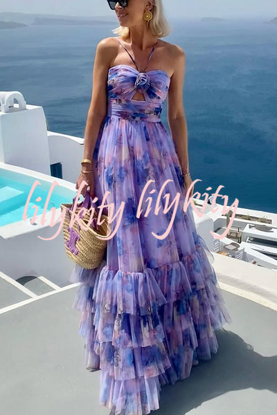 Dreamy Clouds Tulle Printed Rose Detail Cutout Ruffles Tiered Halter Maxi Dress