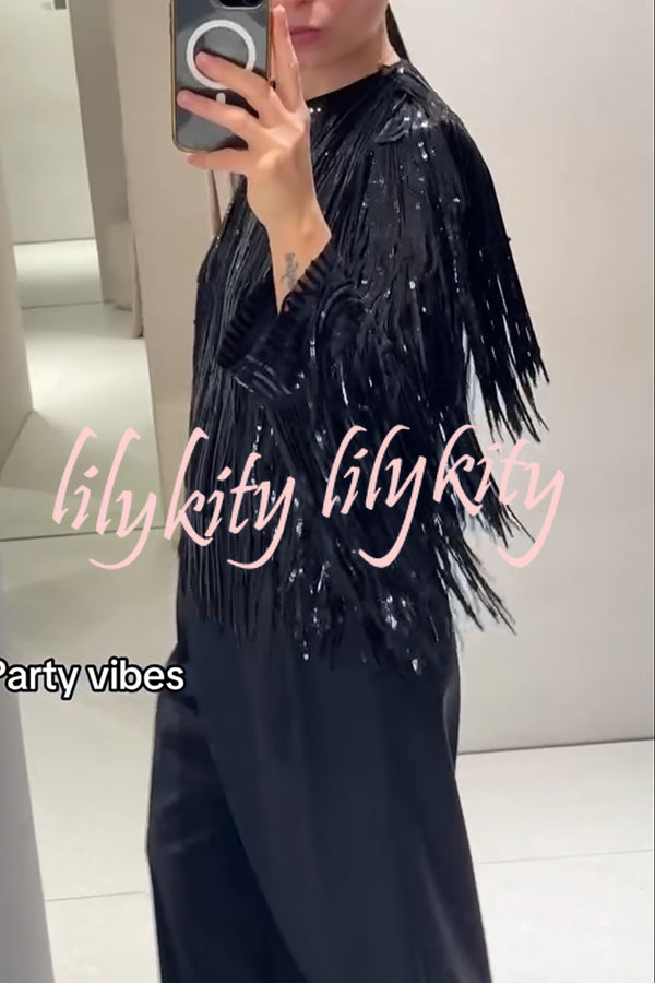 Party Crasher Layered Sequined Tassels Long Sleeve Loose Jacket