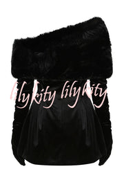 Stylish Velvet Off-shoulder Fitted Mini Dress and Fluffy Shawl, Velvet Gloves Three-piece Set