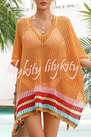 Color Block V Neck Slit Hollow Short Sleeved Knitted Cover Up