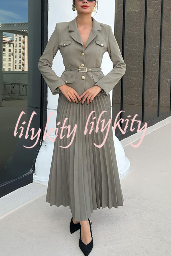 Solid Color Lapel Button Belt Blazer and Pleated Casual Maxi Skirt Set