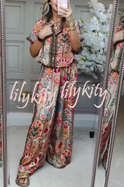 Unique Printed Loose Short-sleeved Top and Elastic Waist Casual Wide-leg Pants Set