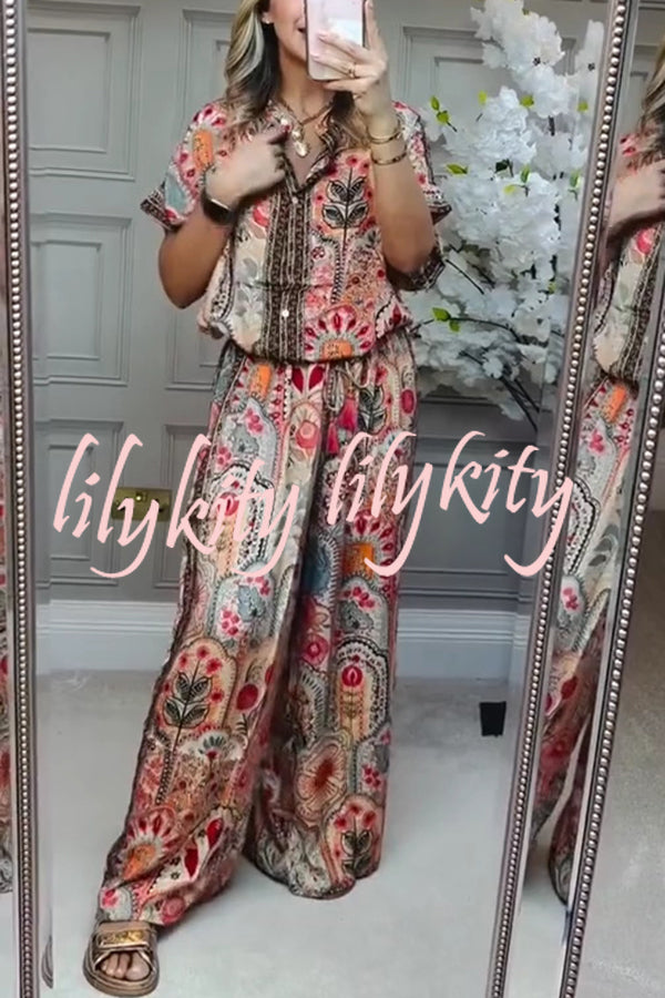Unique Printed Loose Short-sleeved Top and Elastic Waist Casual Wide-leg Pants Set