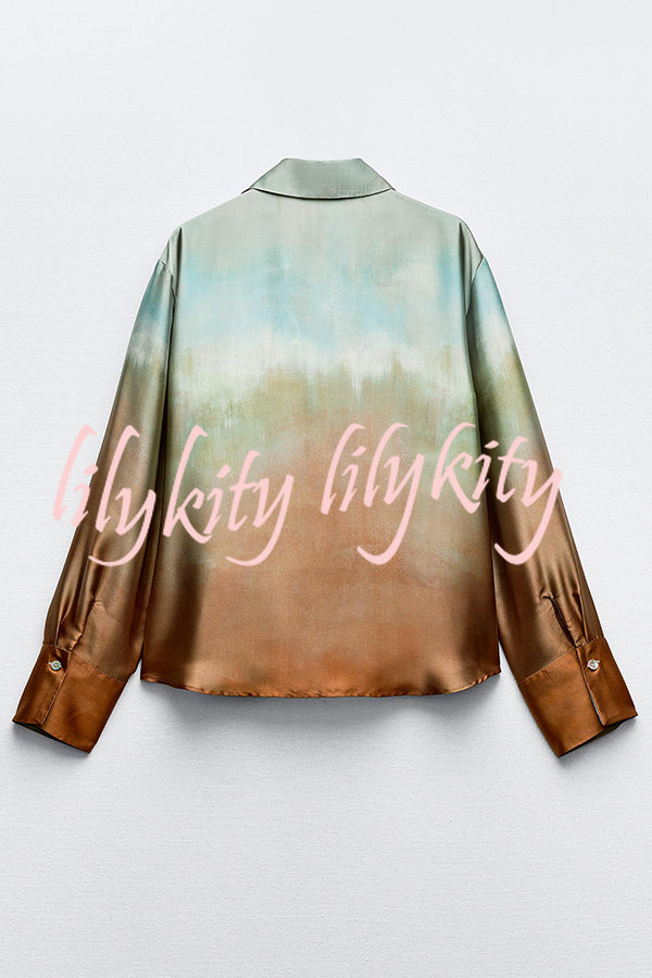 Fashionable Gradient Print Lapel Long Sleeve Casual Shirt