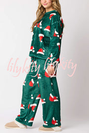 Christmas Printed Crew Neck Long Sleeve Top and Elastic Waist Loose Pants Set