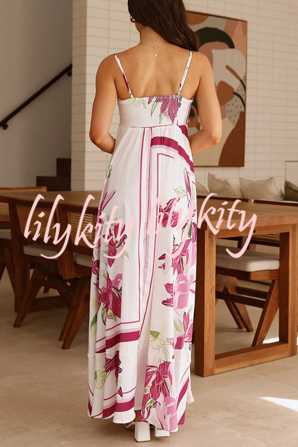 Botanical Print Halter Square Neck Pleated Loose Maxi Dress