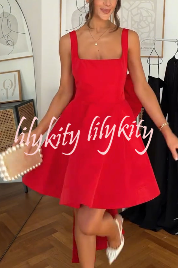 Red Drama Taffeta Square Neck Back Oversized Bow Pocket Mini Dress