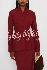 Retro Dramatic Stand Neck Button Up Long Sleeve Curved Waist Jacket