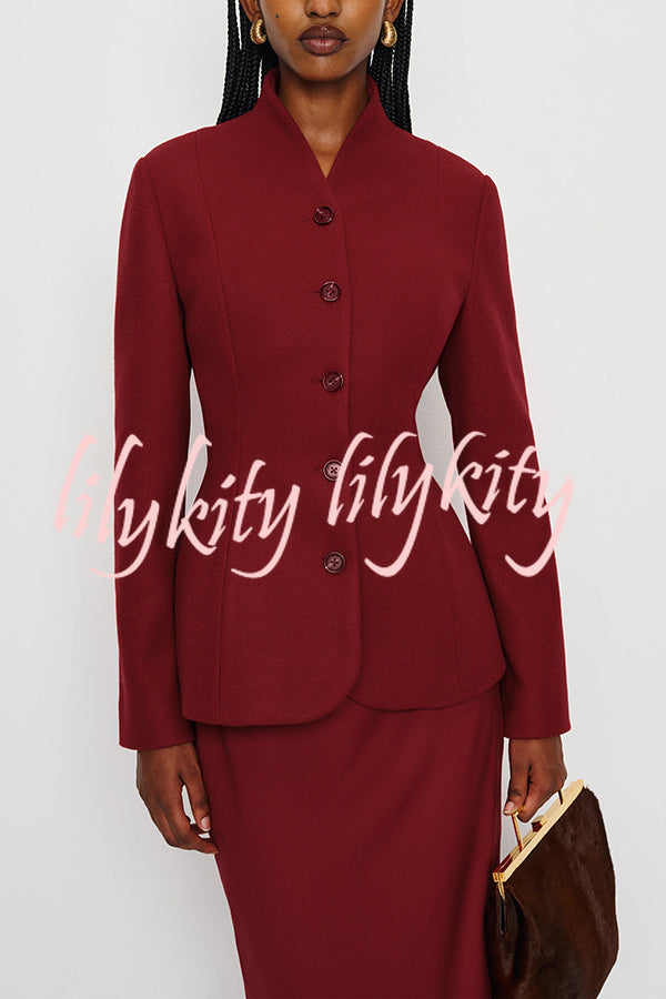 Retro Dramatic Stand Neck Button Up Long Sleeve Curved Waist Jacket
