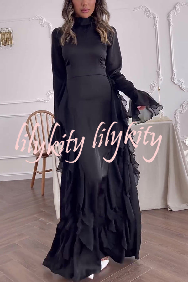 Cline Solid Color High Neck Long Sleeve Elegant Ruffles Maxi Dress